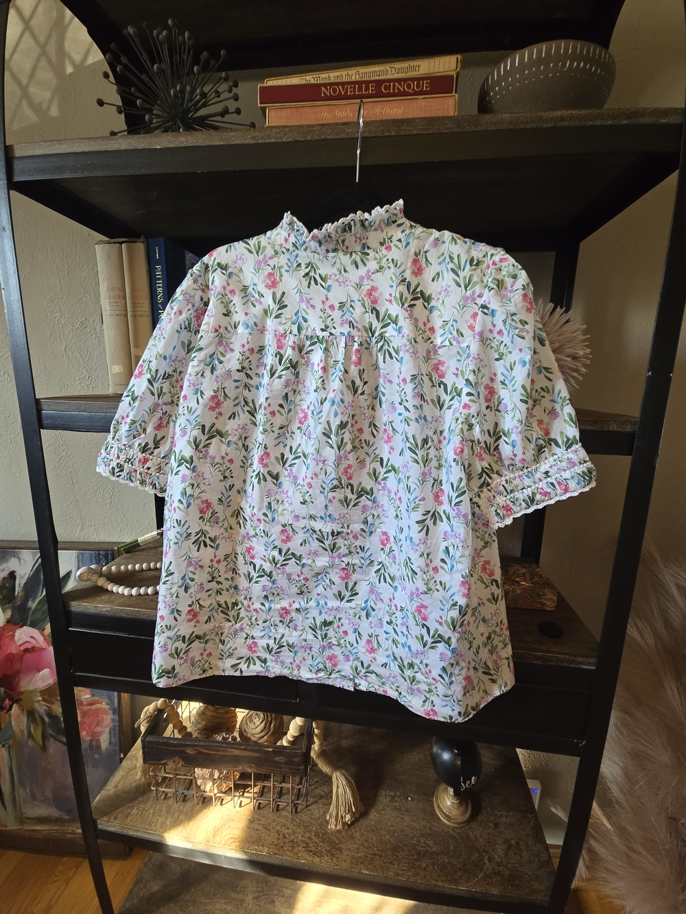 J. Crew White Floral Ruffle Neck Blouse with Pink & Green